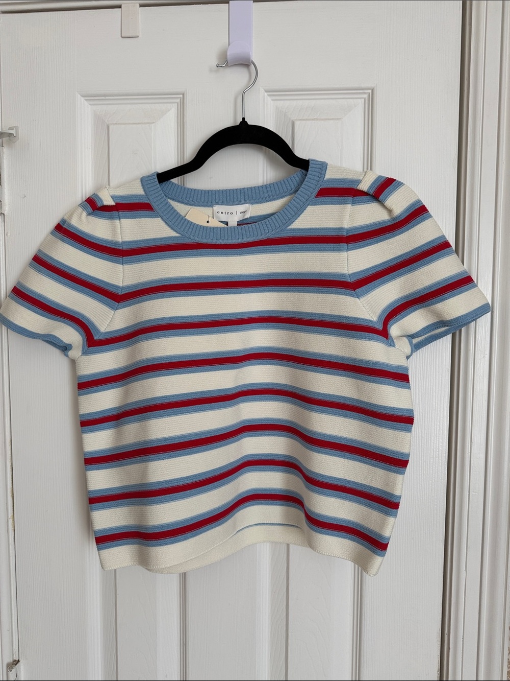 entro Cream Short-Sleeve Knit Top with Blue and Red Stripes